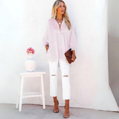 Mellanlång skjorta med randigt slag och oversized ärmar med stängning