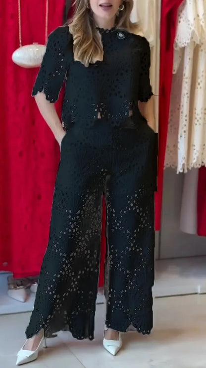 WOKRE™"Dams Leisure Set med Rund Hals och Håldetaljer av Hög Kvalitet"