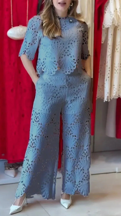 WOKRE™"Dams Leisure Set med Rund Hals och Håldetaljer av Hög Kvalitet"