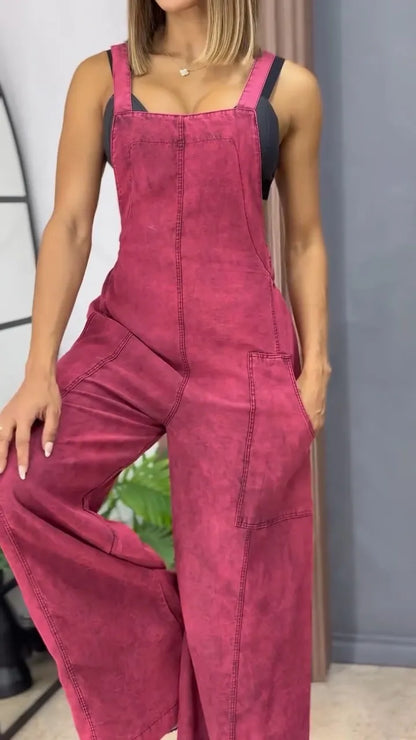 Damers Lediga Hängselbyxor Med Dubbla Fickor Och Vida Ben