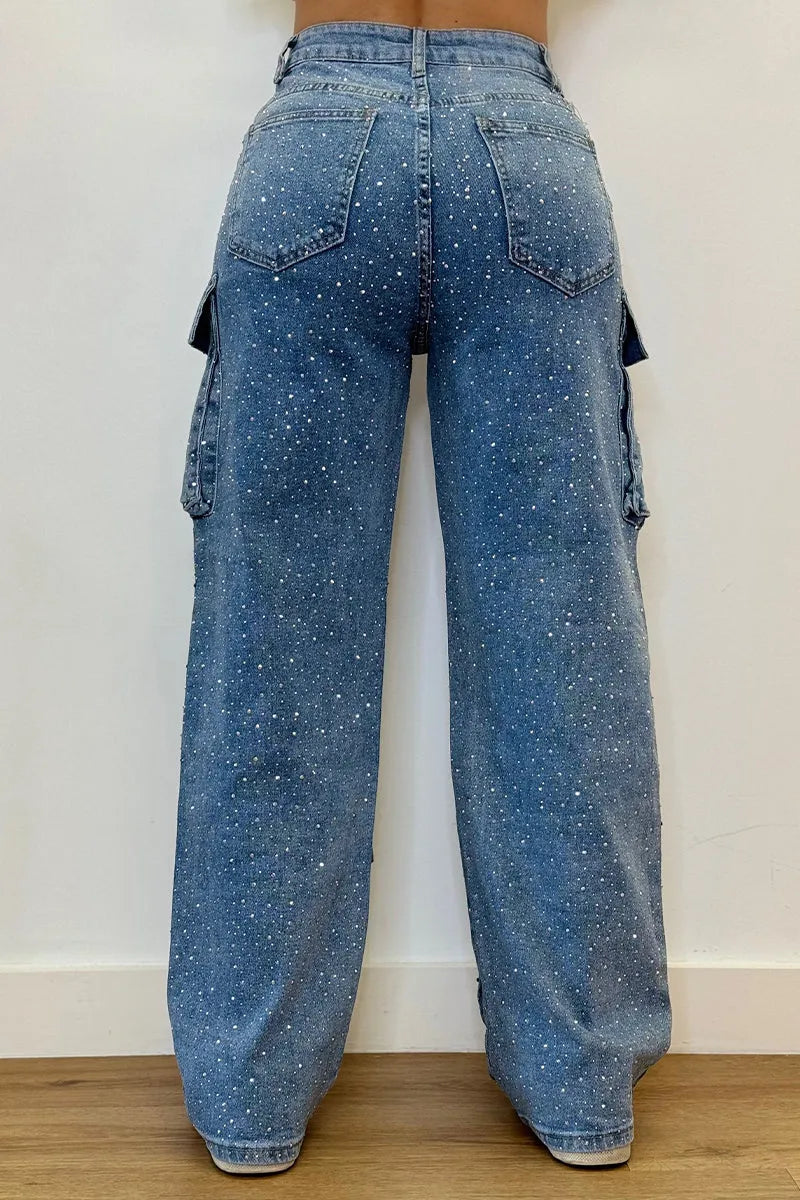 Wokre | Damcargojeans – Glittriga Strass, Avslappnad Mode