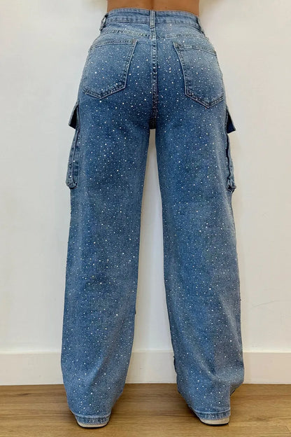Wokre | Damcargojeans – Glittriga Strass, Avslappnad Mode