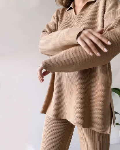 Casual slitsstickad tvådelad set