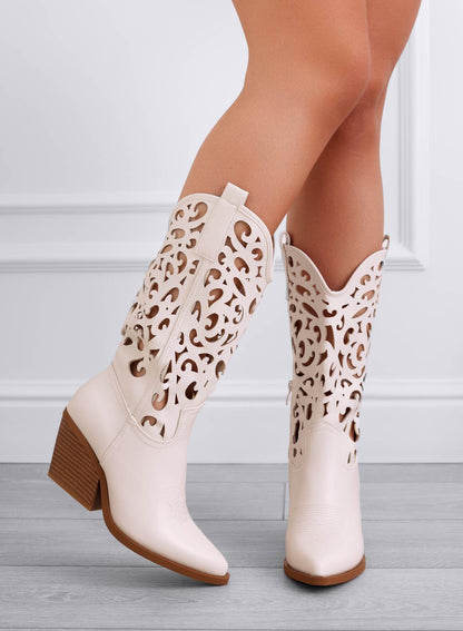 "Wokre™ Beige perforerade western-ankelstövlar för dam"