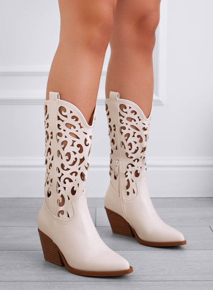 "Wokre™ Beige perforerade western-ankelstövlar för dam"