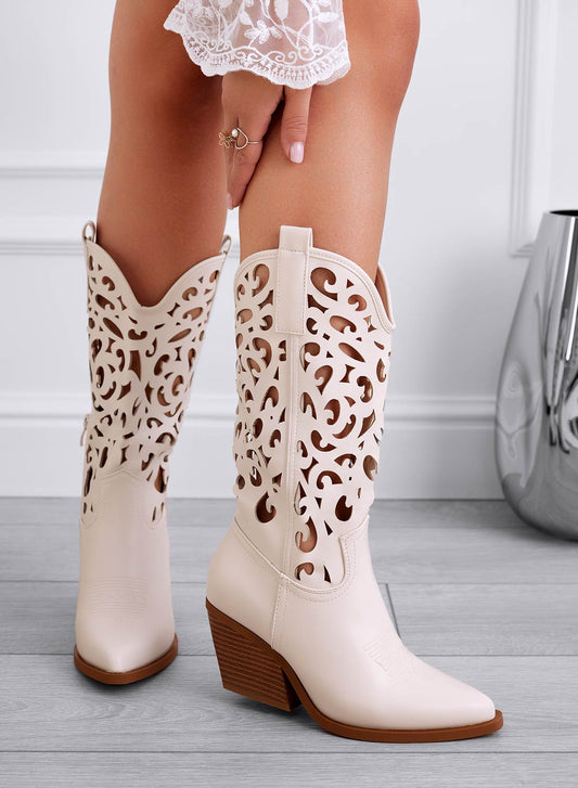 "Wokre™ Beige perforerade western-ankelstövlar för dam"