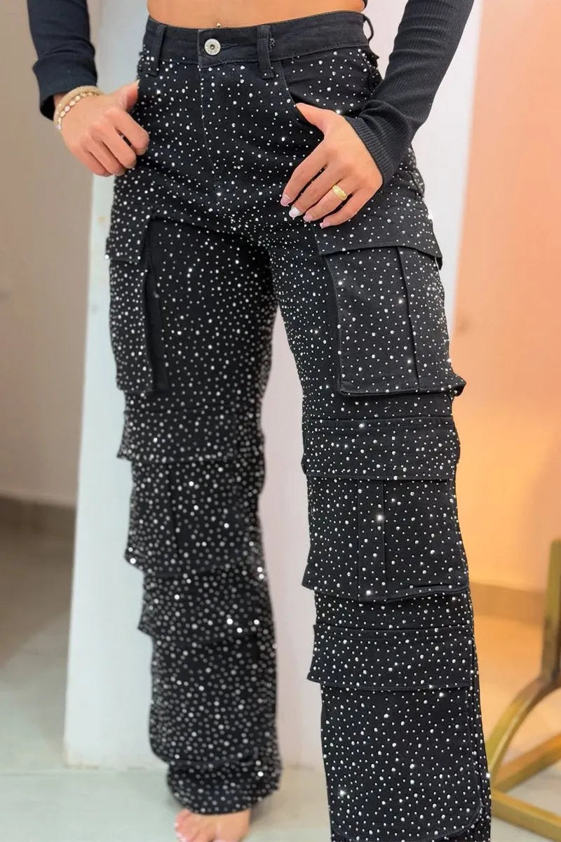 Wokre | Damcargojeans – Glittriga Strass, Avslappnad Mode