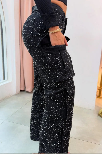 Wokre | Damcargojeans – Glittriga Strass, Avslappnad Mode